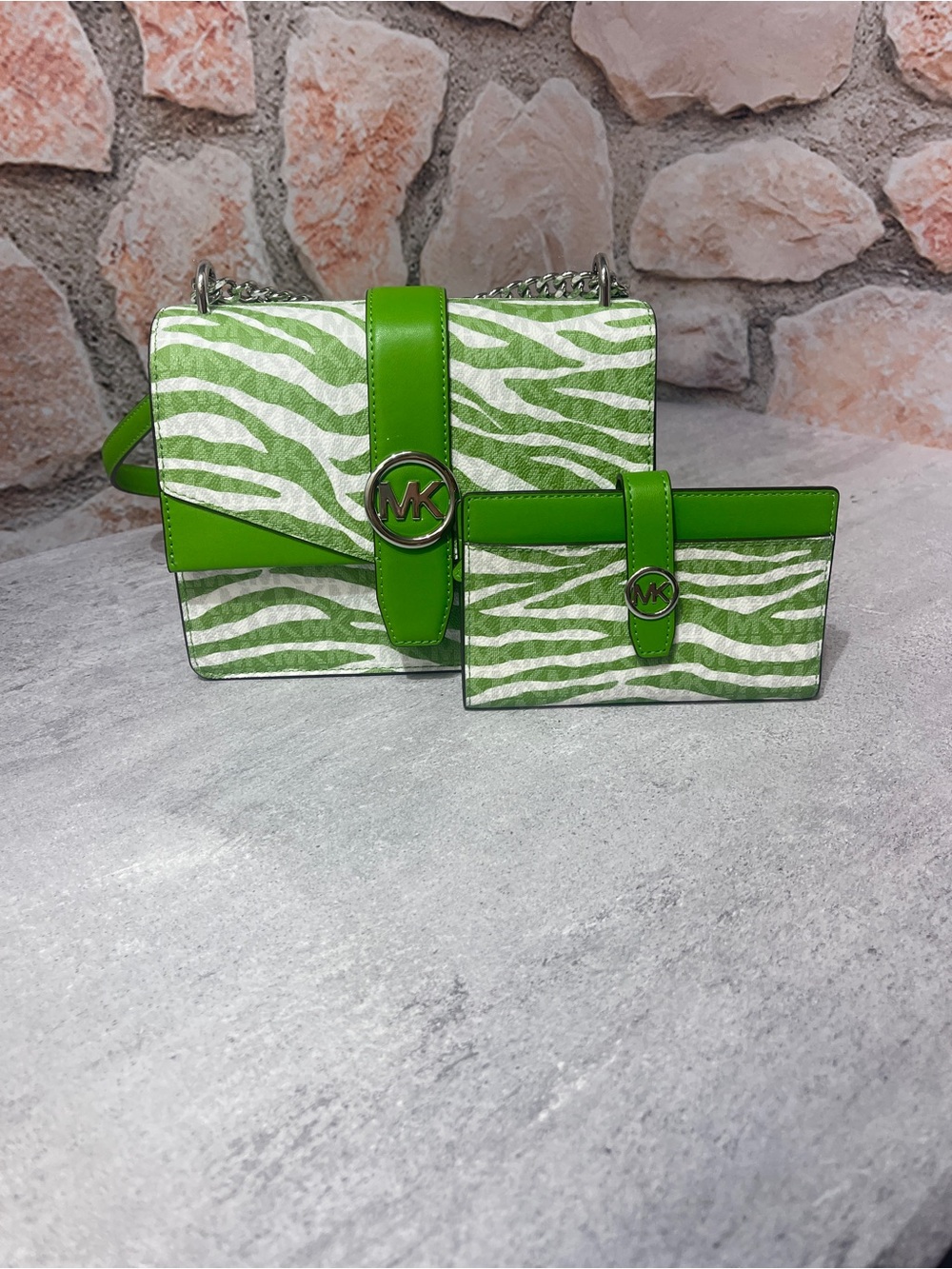 Michael Kors Greenwich Jungle Green Zebra Print Crossbody & Matching Wallet